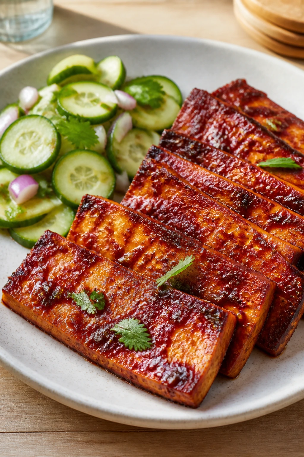 Harissa BBQ tofu with cucumber salad close-up