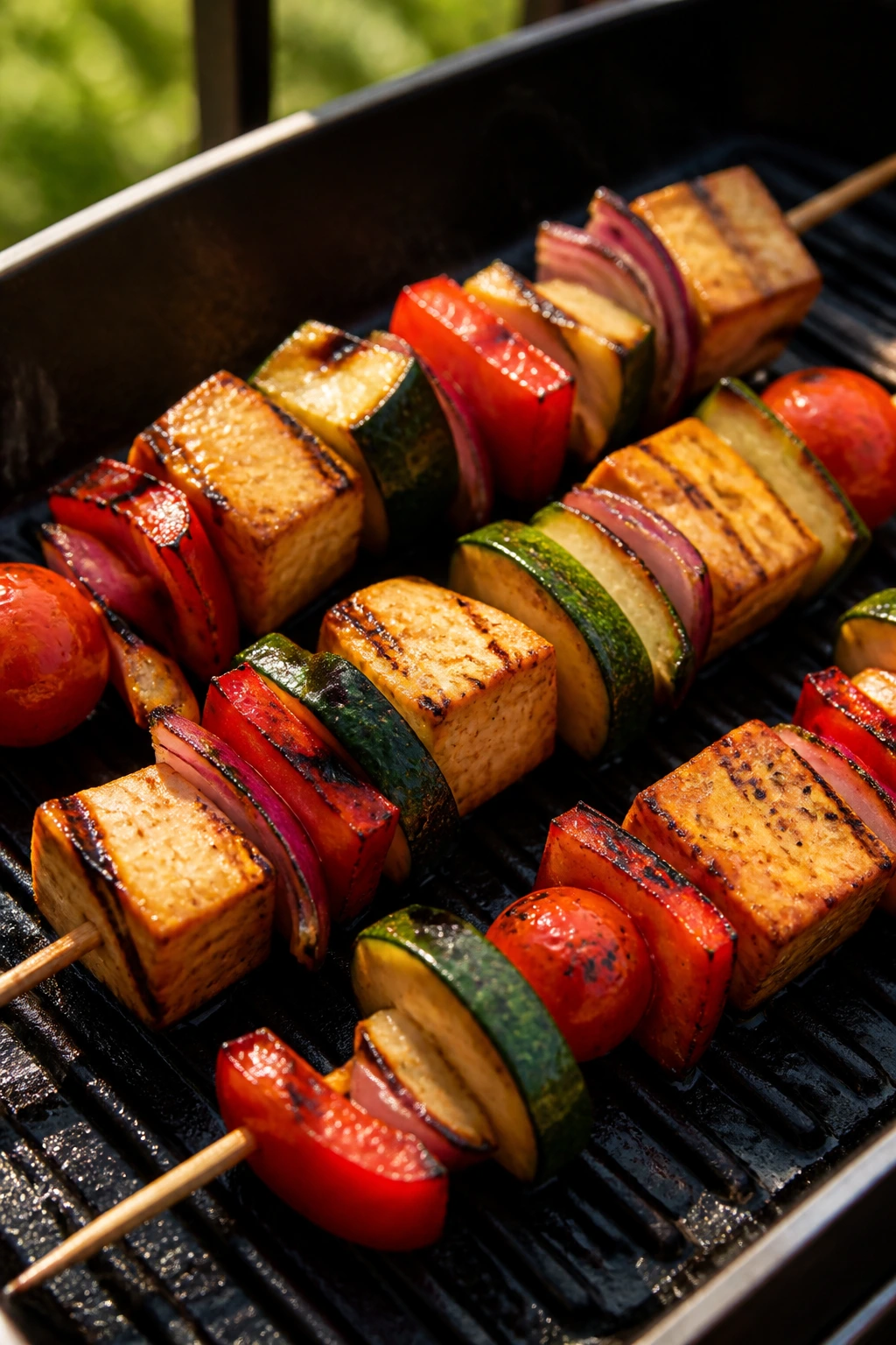 Tofu and vegetable kebabs with grill marks on skewers
