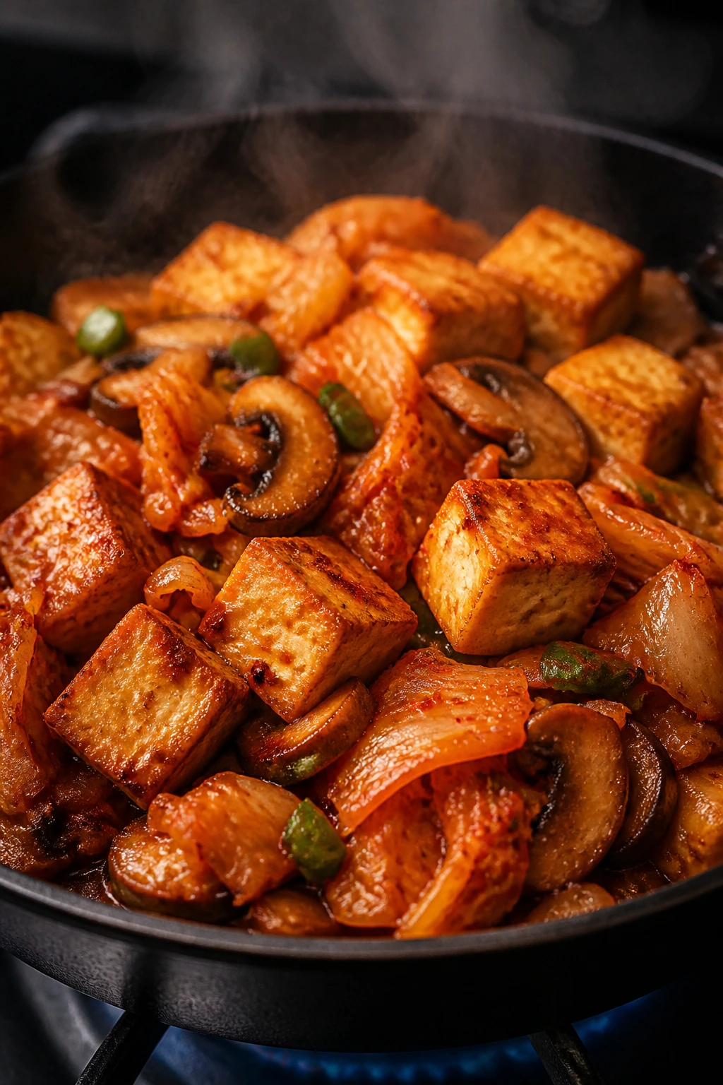 Crispy tofu with kimchi and mushrooms in skillet