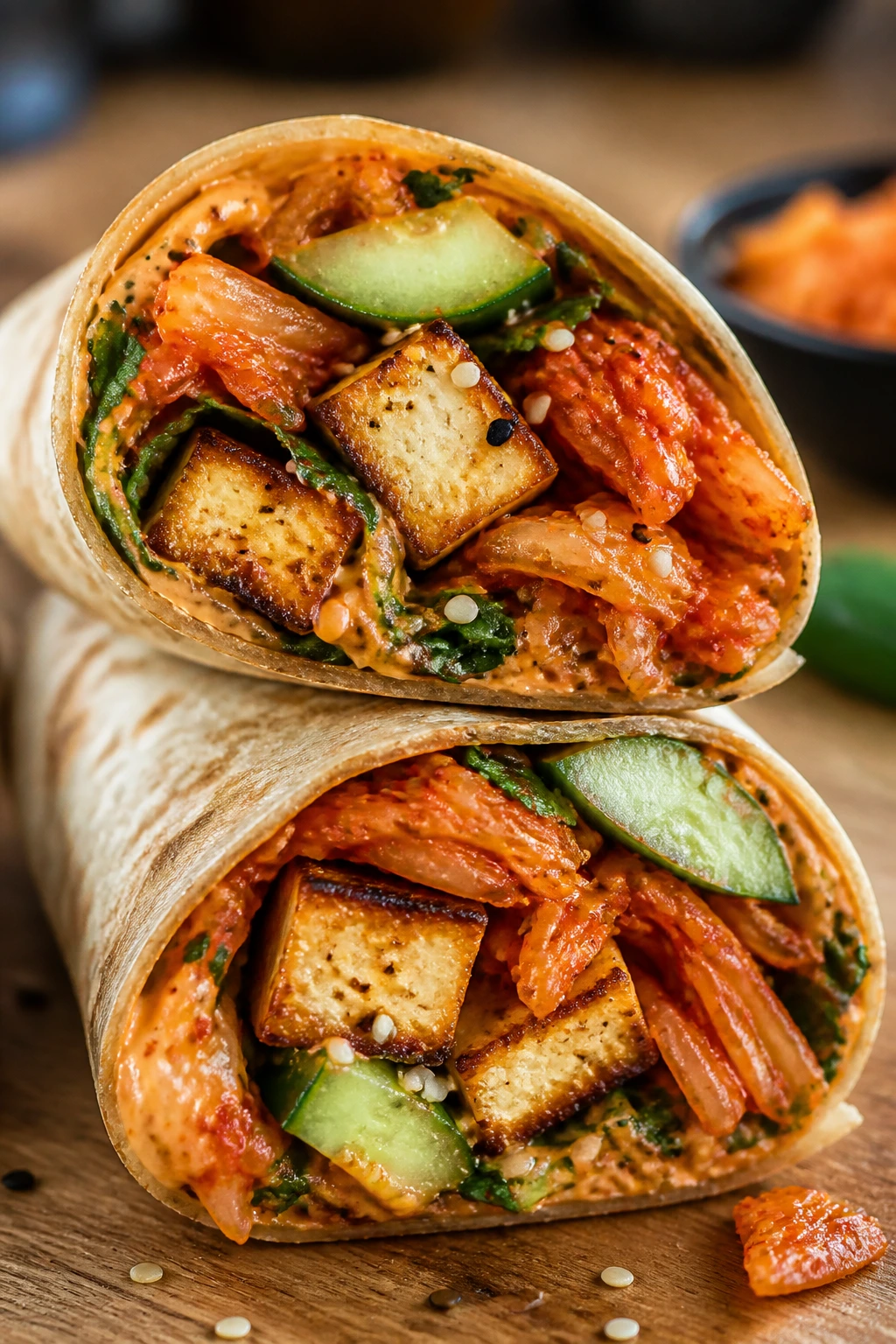 Close-up of a spicy tofu kimchi wrap half-open showing tofu and kimchi.