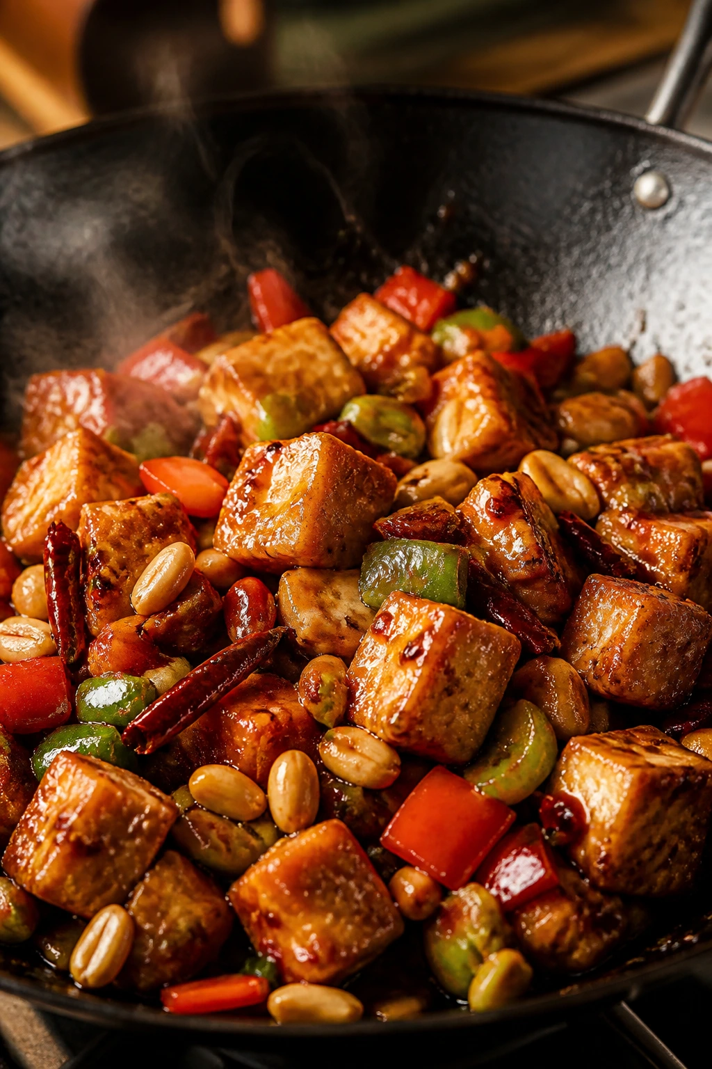 Close-up of tofu with peanuts and chili peppers in sauce