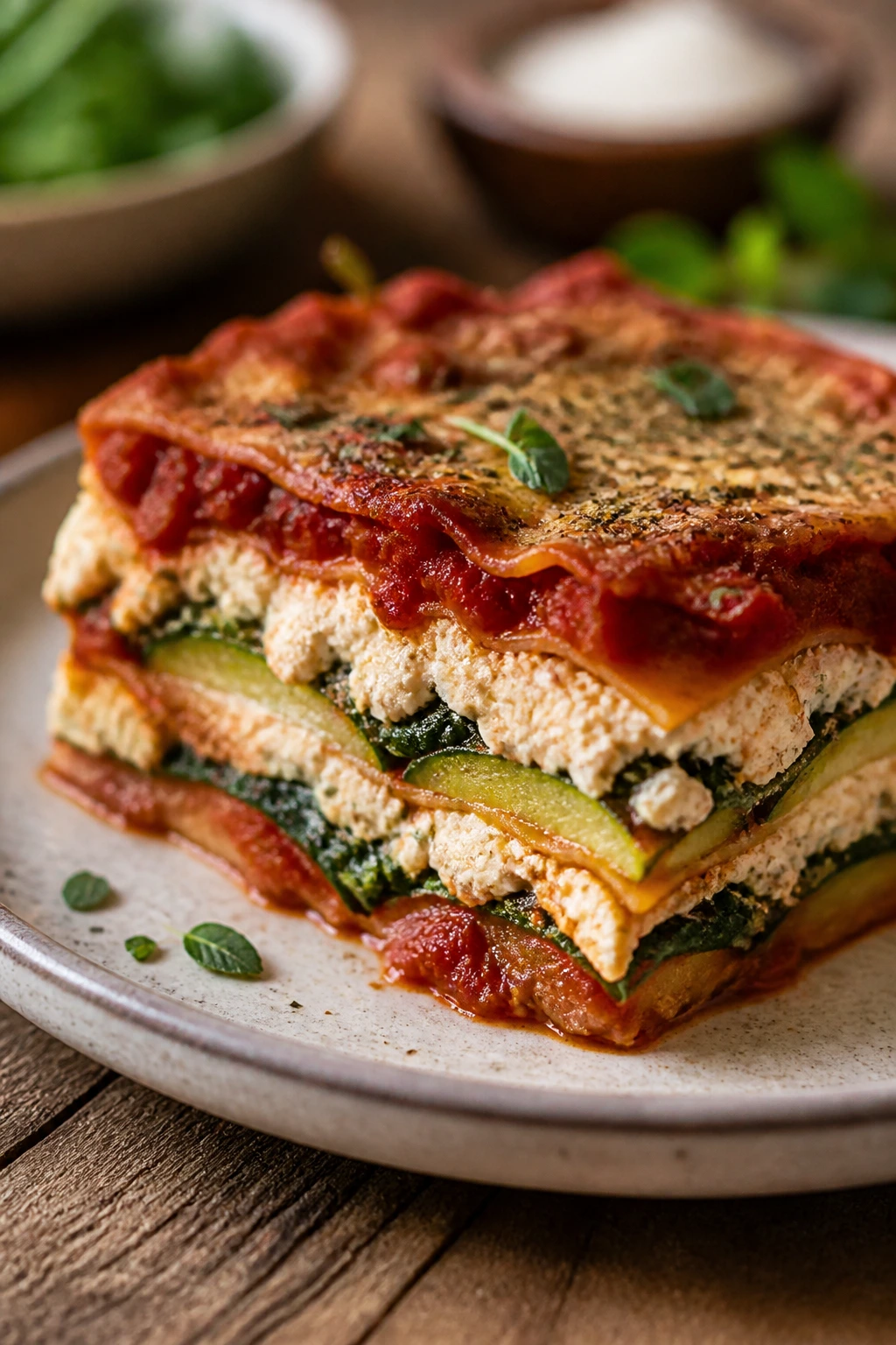 Wedge of tofu lasagna with spinach and zucchini on plate