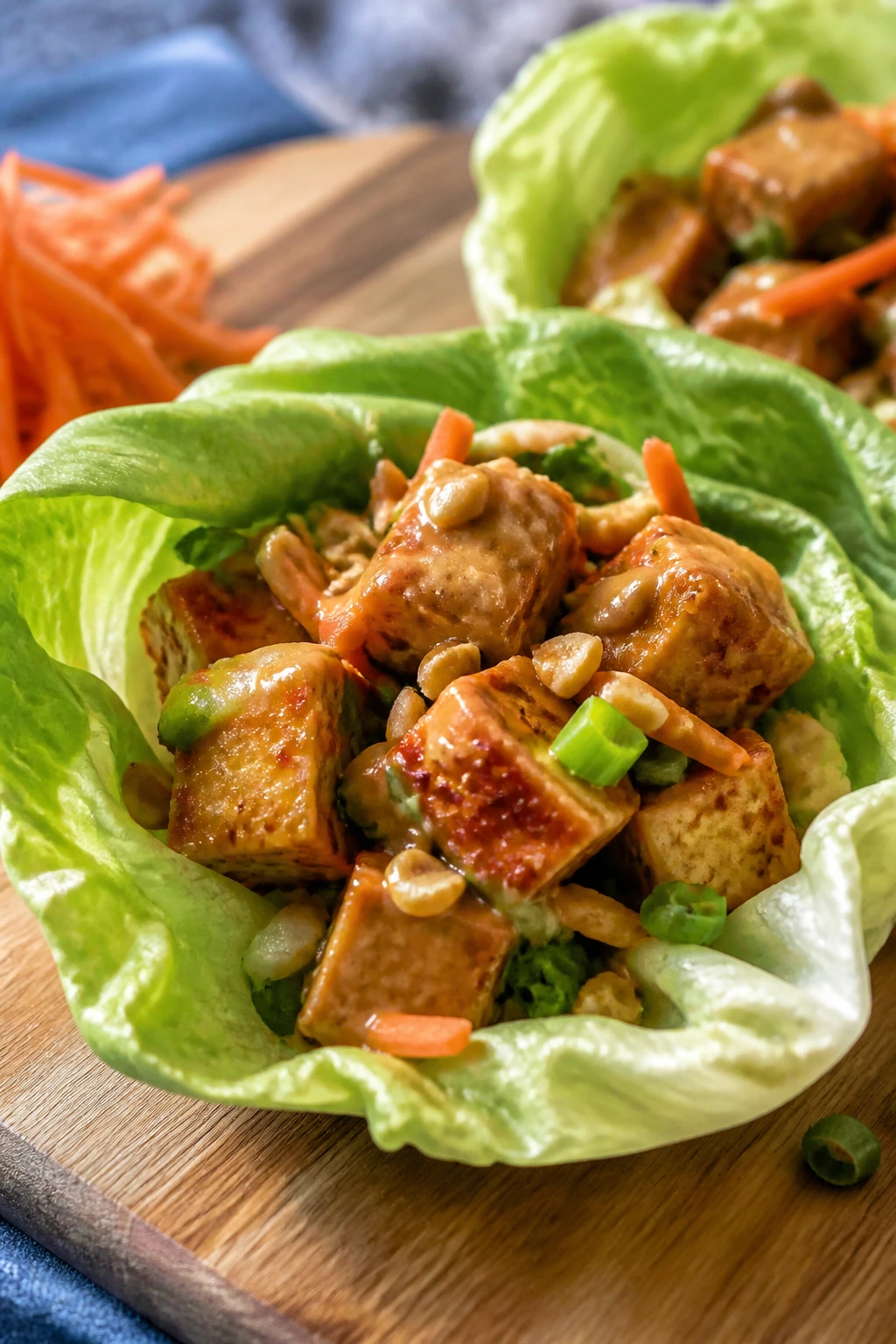 Lettuce cup filled with tofu and peanut sauce on a picnic board