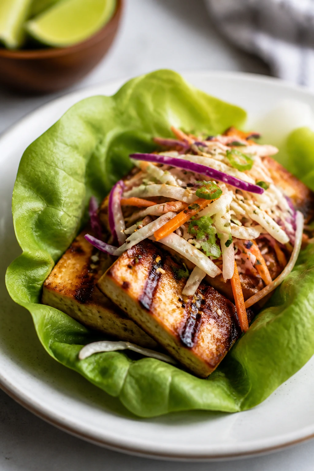 Tofu lettuce cup with sesame-ginger slaw on a plate