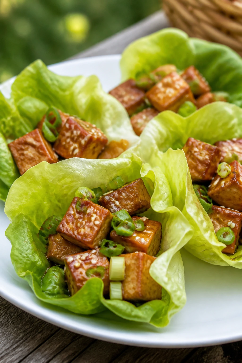 Close-up of sesame ginger tofu lettuce wraps on a picnic plate
