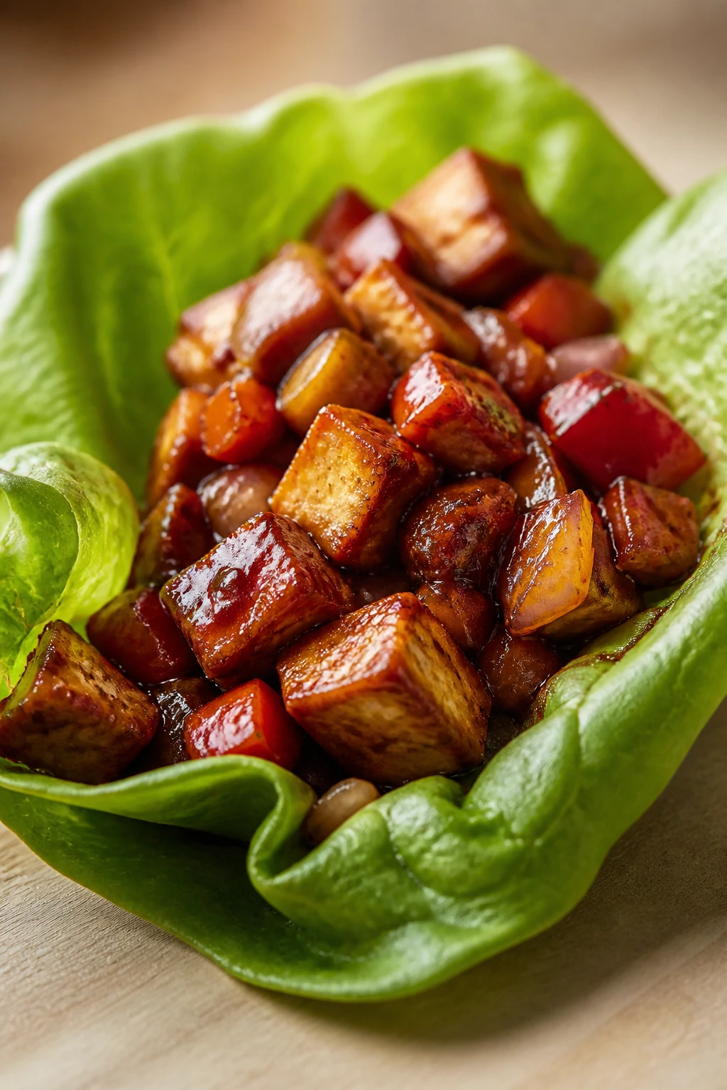 Butter lettuce leaf with smoky tofu filling close-up