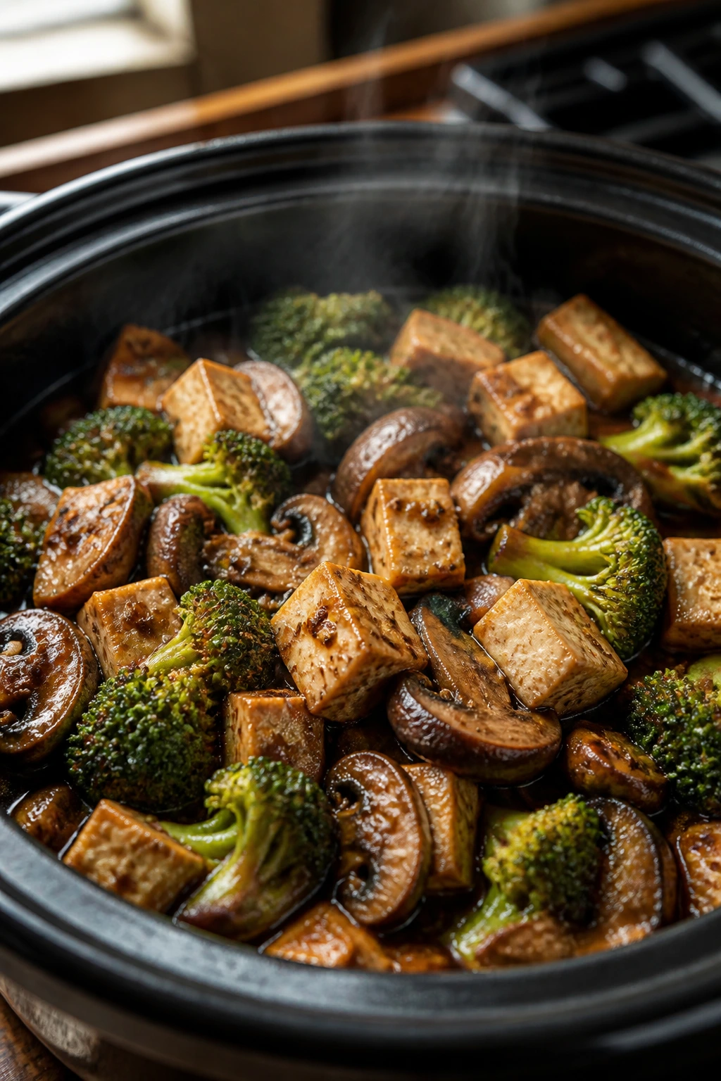 Close-up of tofu, mushroom, and broccoli braise in savory sauce