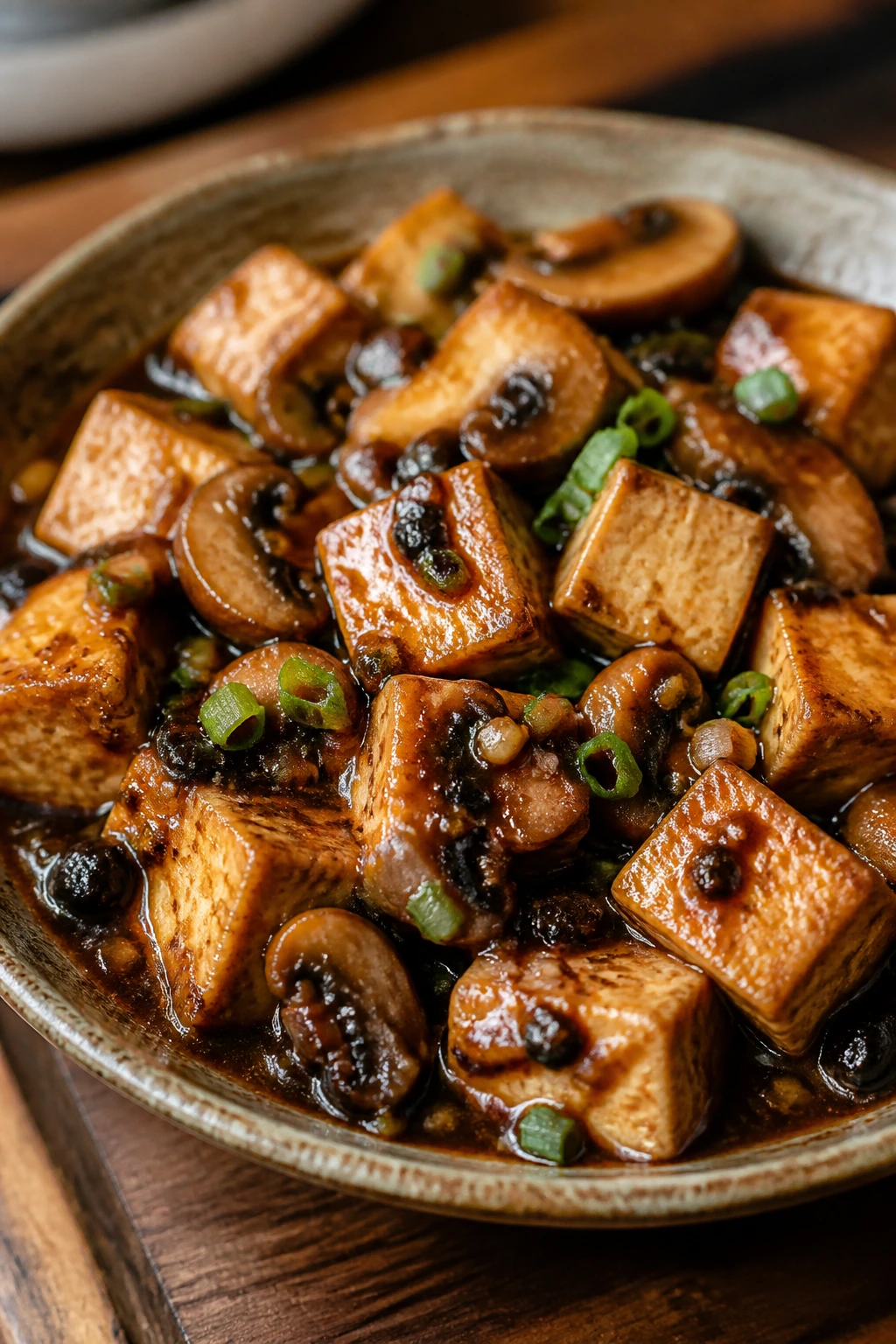 Tofu and mushrooms in black bean sauce, glossy and rich