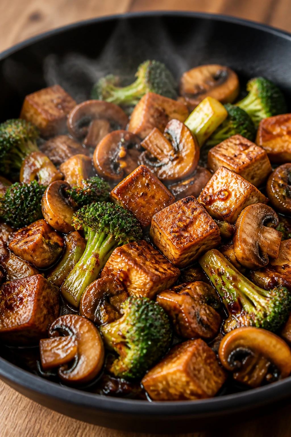 Close-up of chili-crisp glazed tofu and mushrooms in a skillet with broccoli on a wooden counter
