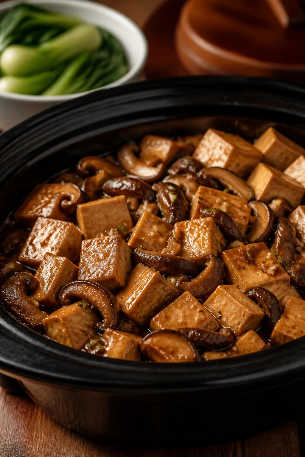 Close-up of Crockpot Garlic Soy Tofu and Mushrooms in a soy-garlic sauce