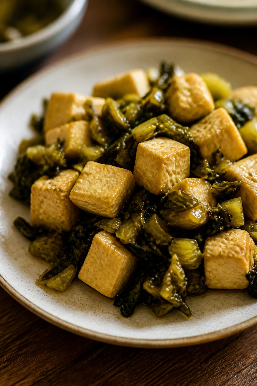 Tofu with pickled mustard greens in a light sauce