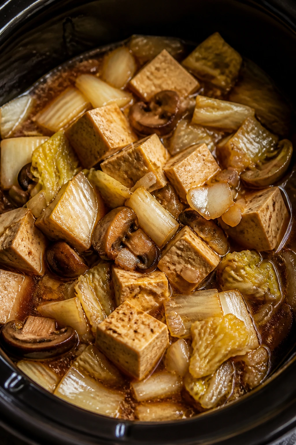 Close-up of braised tofu and napa cabbage in broth