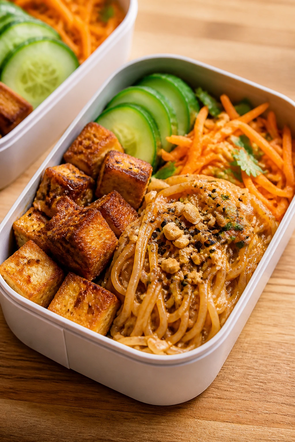 Open lunch box with crispy tofu, rice noodles, cucumber and carrot