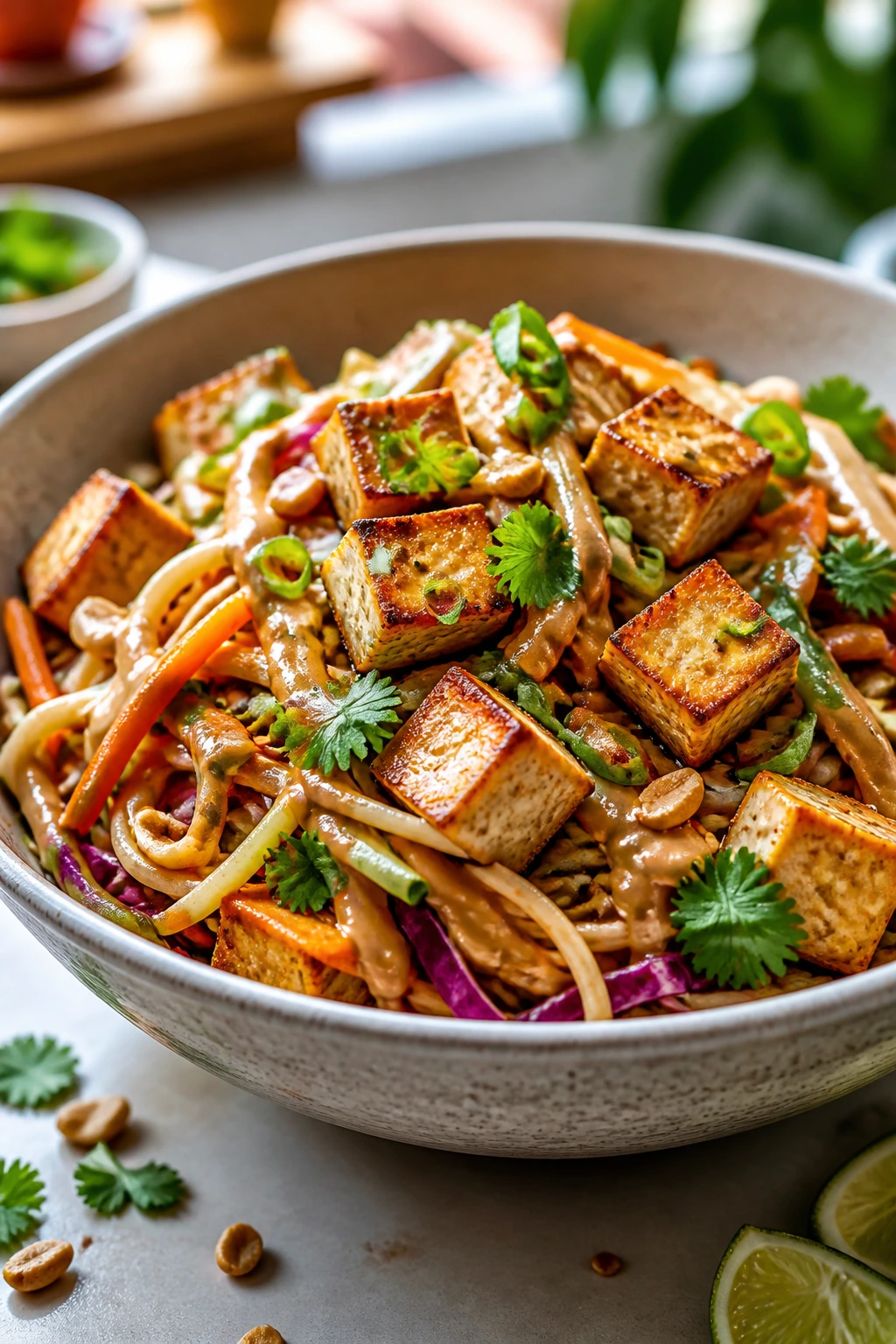 Crisp tofu and noodles in a peanut sauce salad bowl