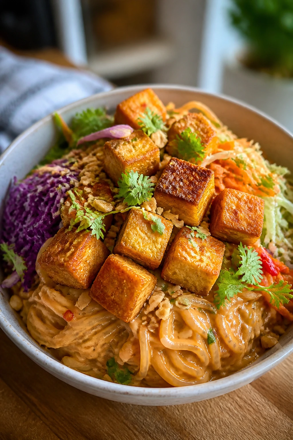 Close-up of crispy tofu with peanut noodles and crunchy vegetables.