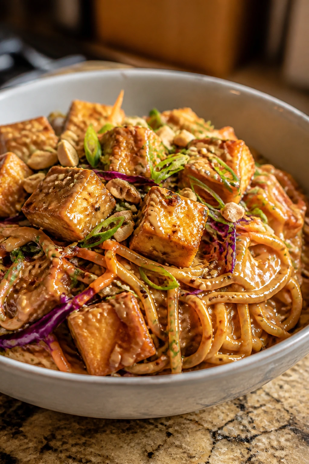 Close-up bowl of crispy tofu peanut noodles with toppings
