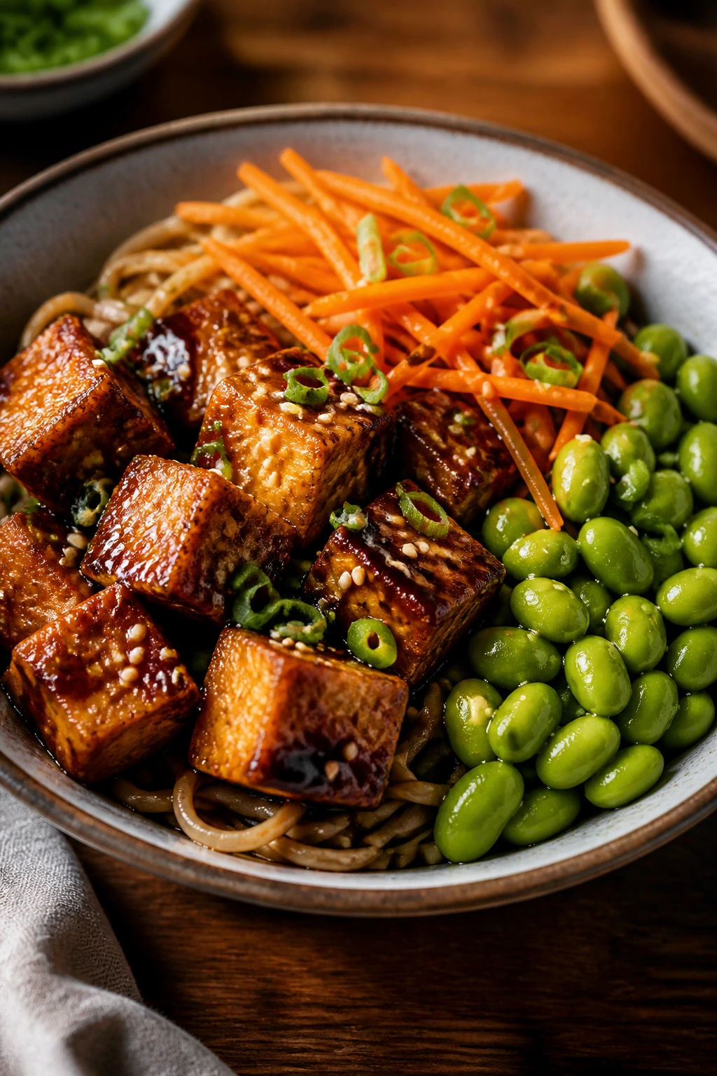 Close-up of Sesame Ginger Tofu Noodle Bowl with tofu, noodles, carrots, and edamame