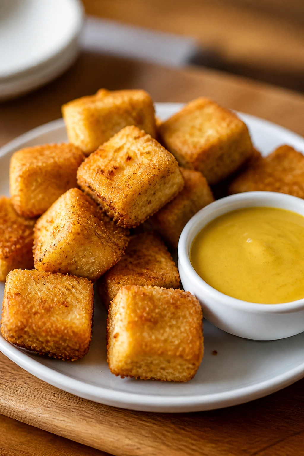 Crispy baked tofu nuggets with honey mustard dipping sauce