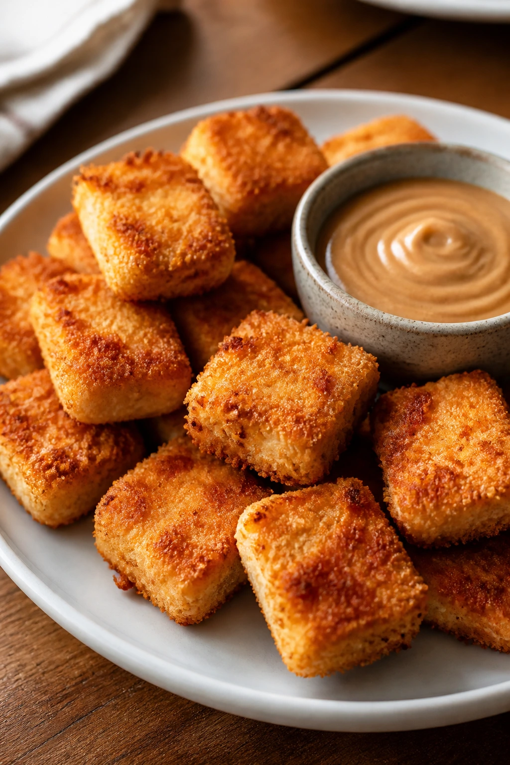 Close-up of crispy tofu nuggets with peanut sauce