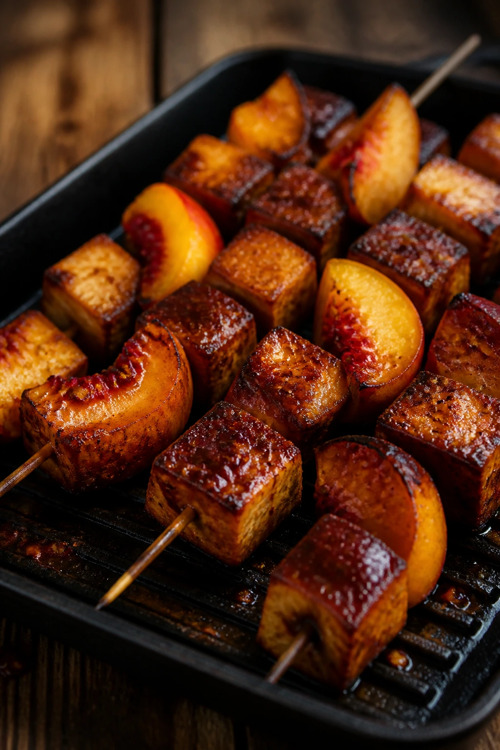 Tofu and peach skewers with grill marks close-up