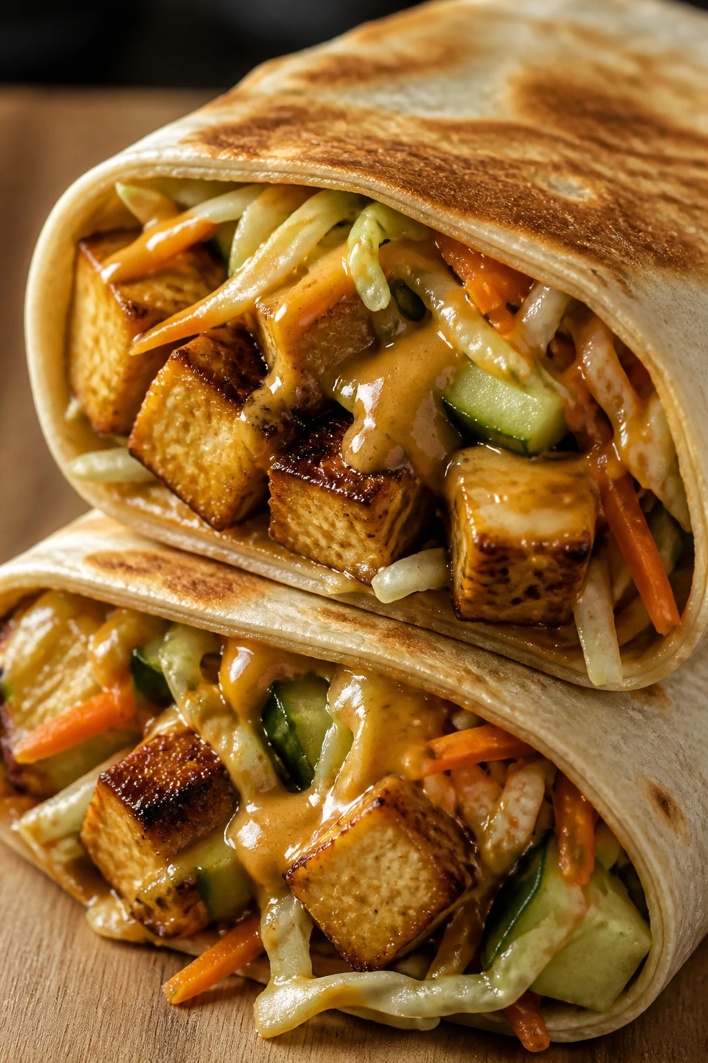 Close-up of Peanut Tofu Crunch Wrap showing crisp tofu and crunchy veggies