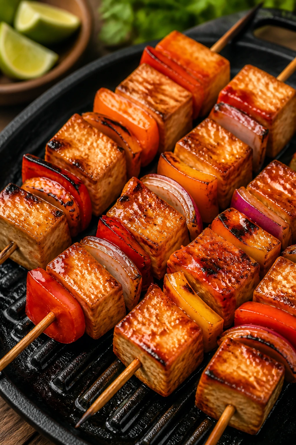 Close-up of Sriracha-Lime Tofu and Bell Pepper Kabobs on skewers with tofu and peppers