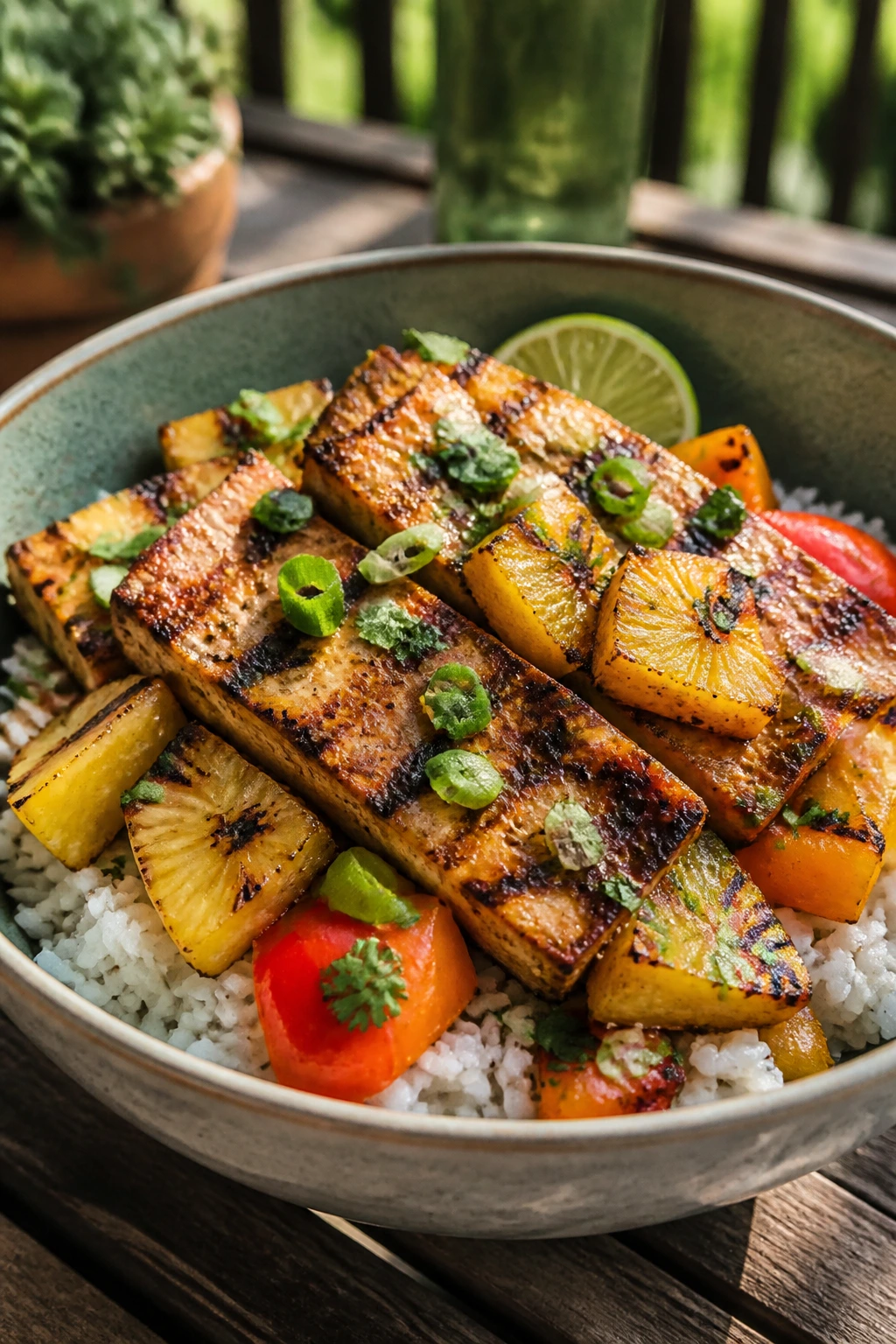 Tofu and pineapple rice bowl on table outdoors