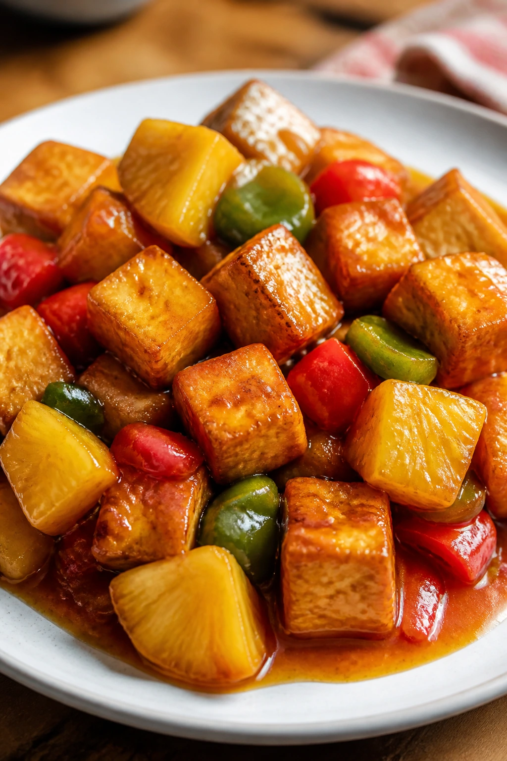 Crispy tofu with pineapple in glossy sweet-sour sauce on plate