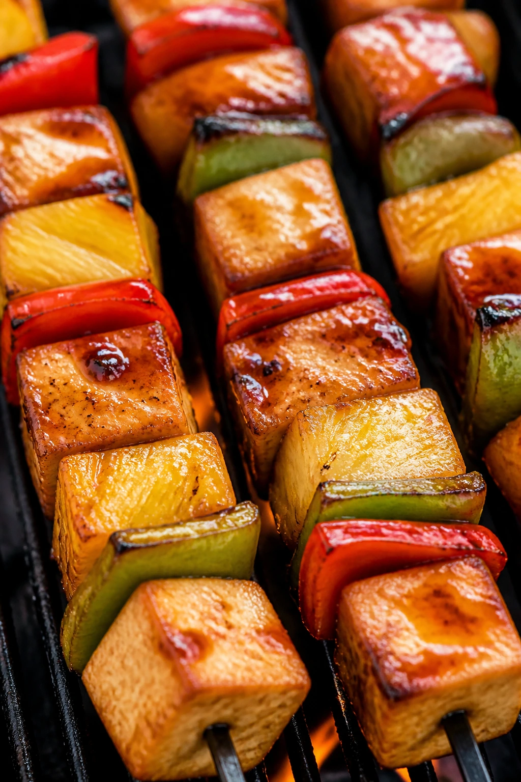 Close-up of teriyaki tofu, pineapple, and pepper skewer on a grill.