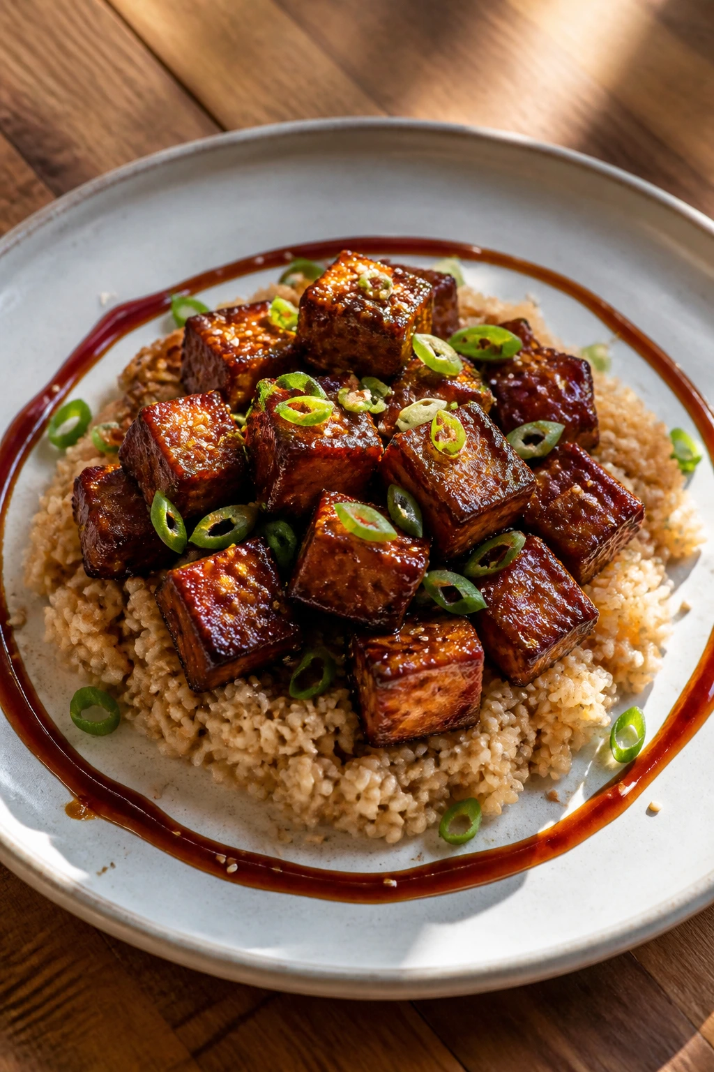 Plate of roasted BBQ tofu on rice with glaze and sesame seeds
