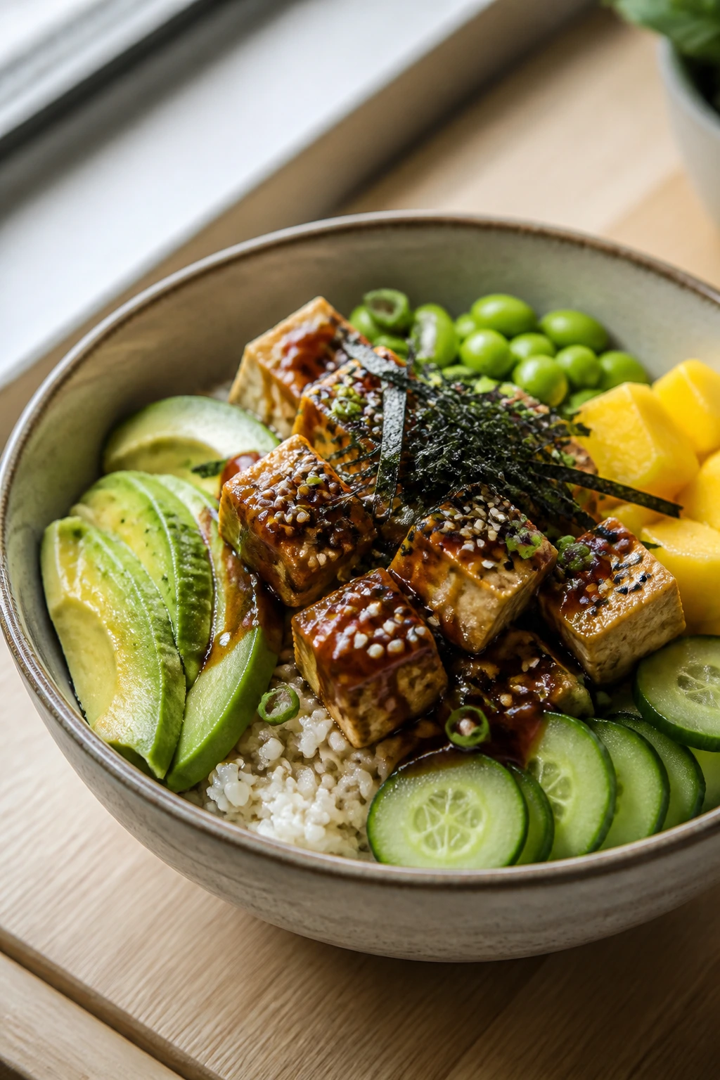 Close-up Tofu Poke Bowl with tofu, cucumber, avocado, mango