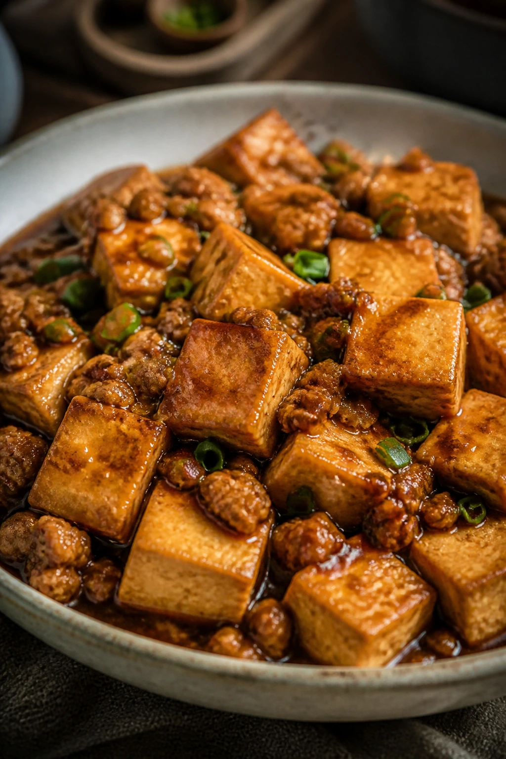 Close-up of braised tofu with minced pork in savory sauce