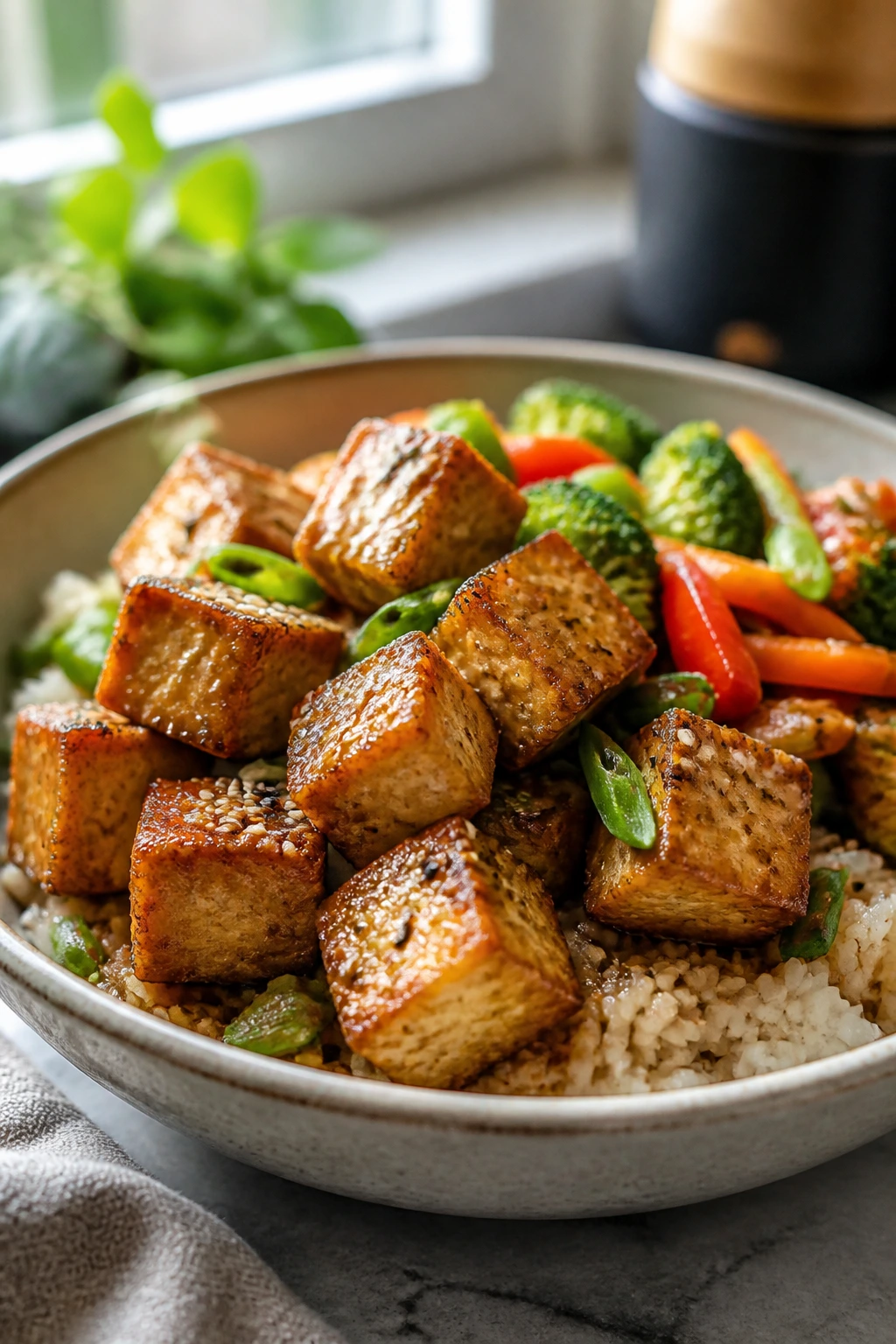 Crispy tofu rice bowl with golden tofu on rice