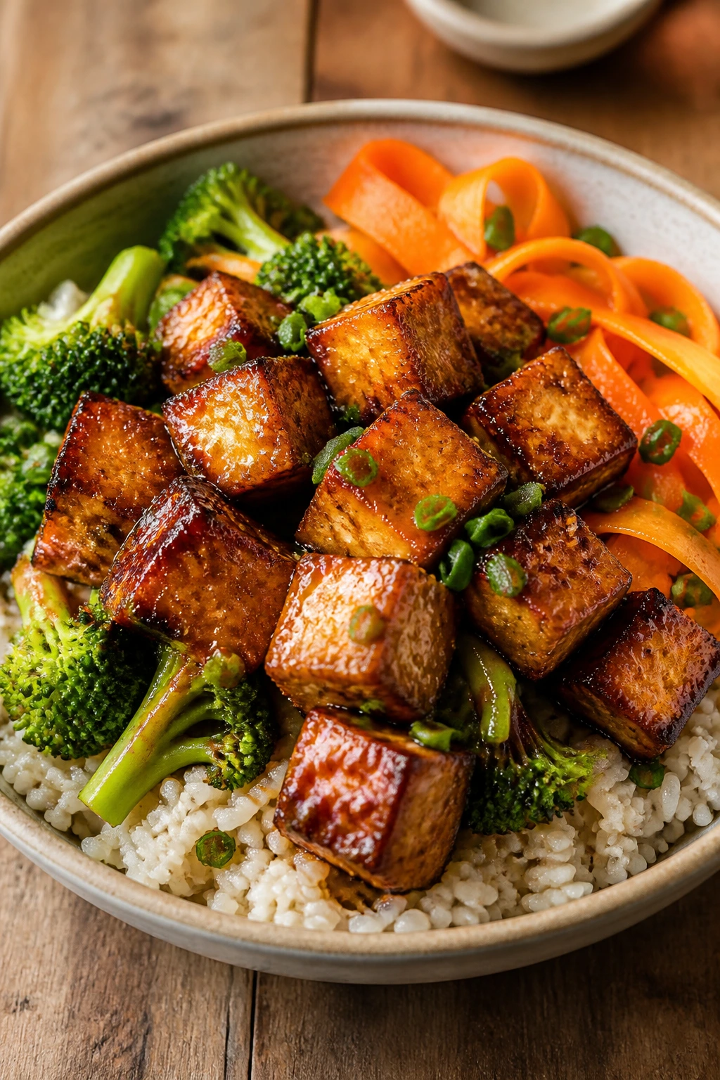 Crispy tofu rice bowl with broccoli and carrots in sauce.