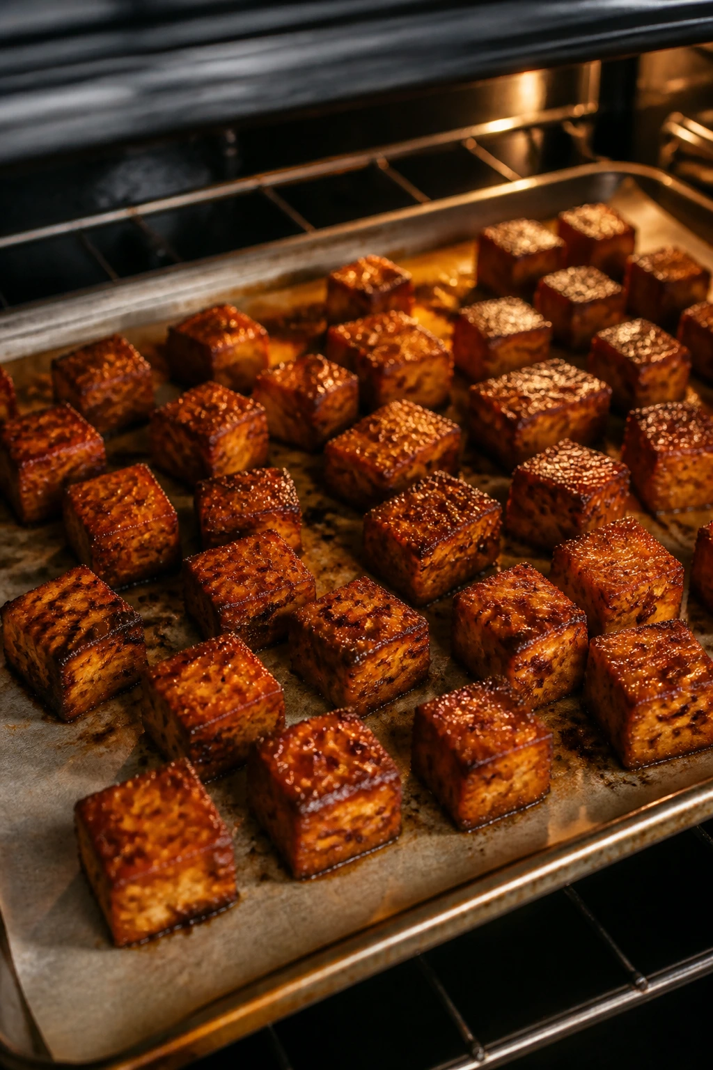 Close-up of browned tofu cubes on parchment in oven-ready setup