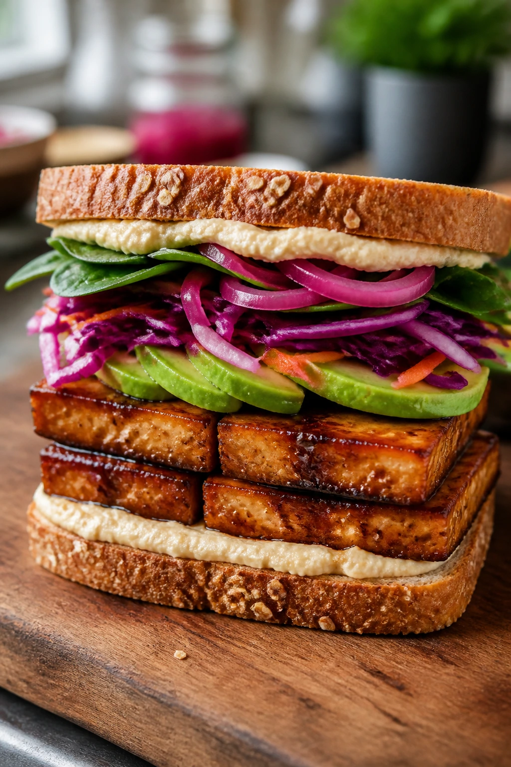 Close-up of caramelized tofu sandwich with glossy glaze and toppings on toasted whole-grain bread