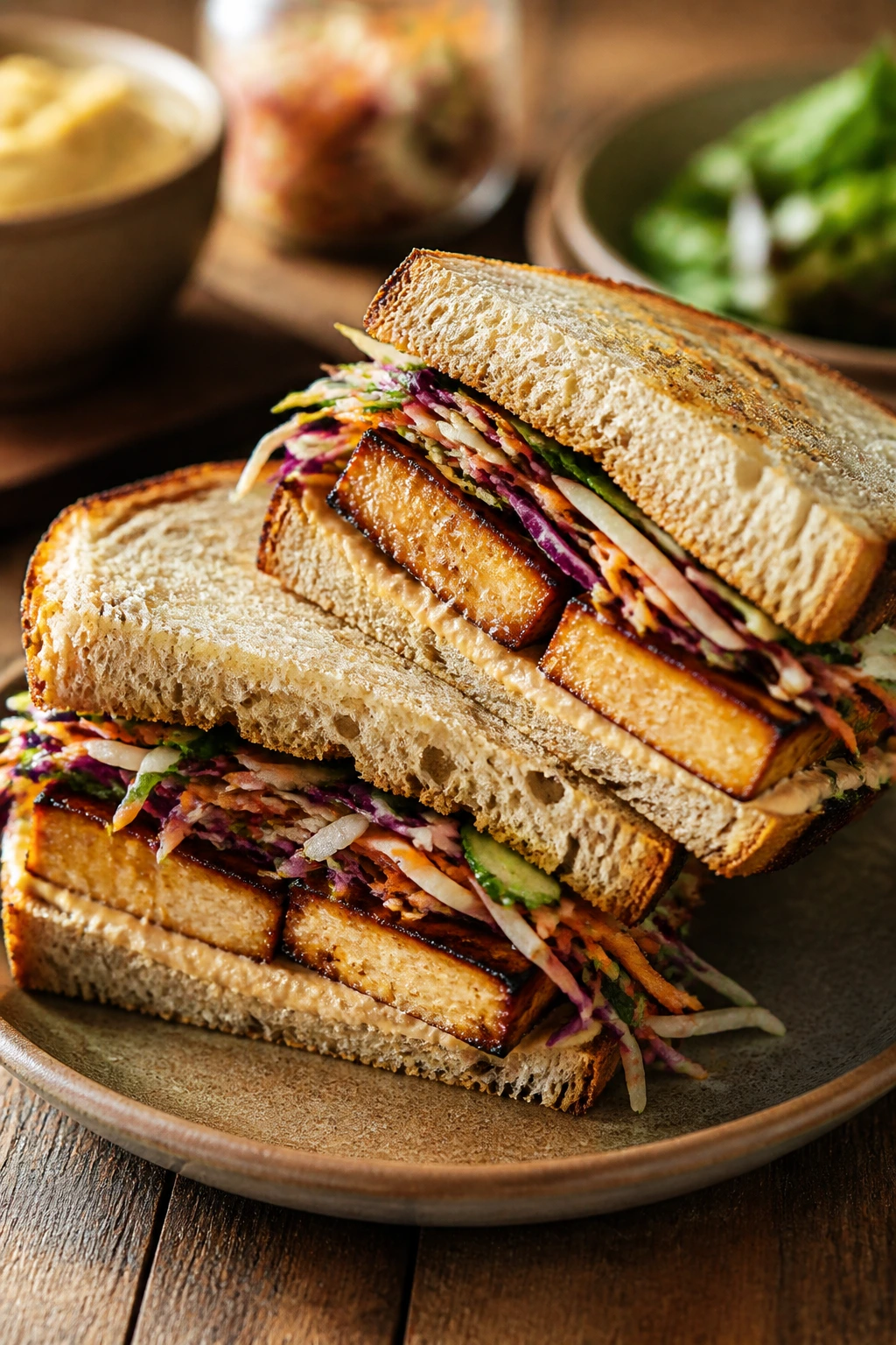 Diagonal-cut tofu sandwich showing crust, hummus, and slaw on a wooden table