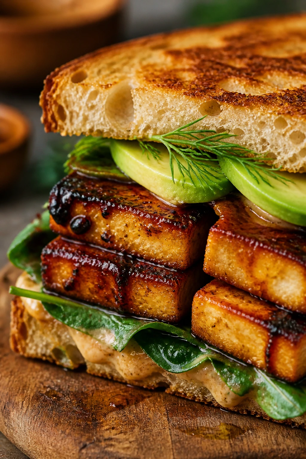 Close-up of caramelized tofu sandwich half with glaze on wooden board
