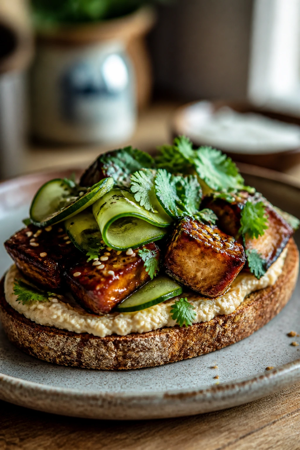 Open-faced caramelized tofu sandwich with sesame seeds and cucumber
