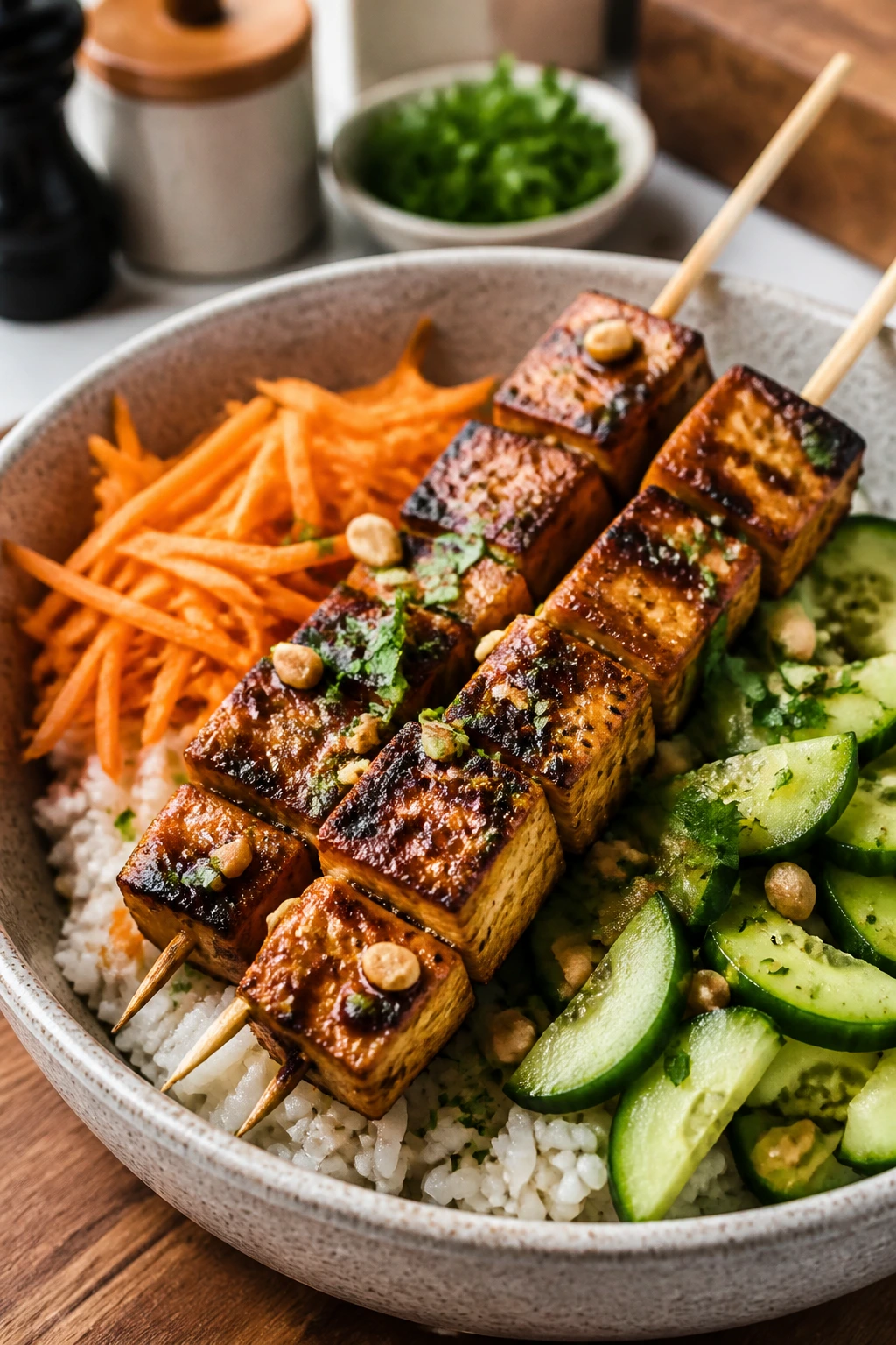 Close-up of grilled tofu satay bowl with rice and vegetables.