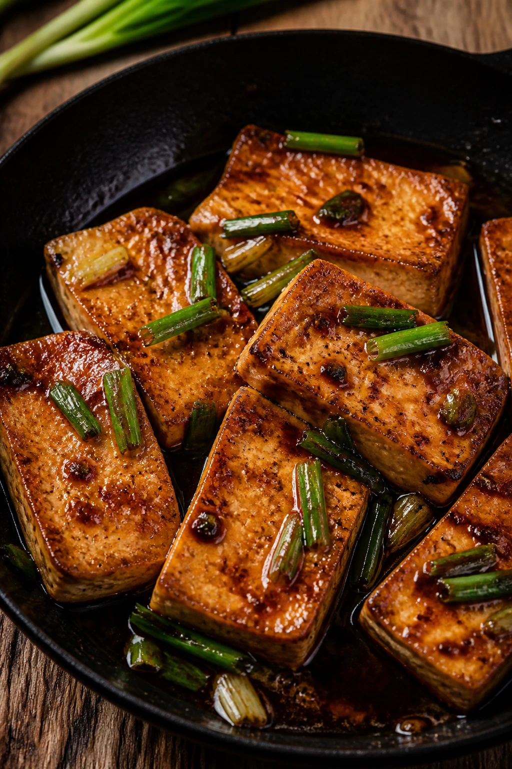 Close-up of soy-braised tofu with scallions in a skillet
