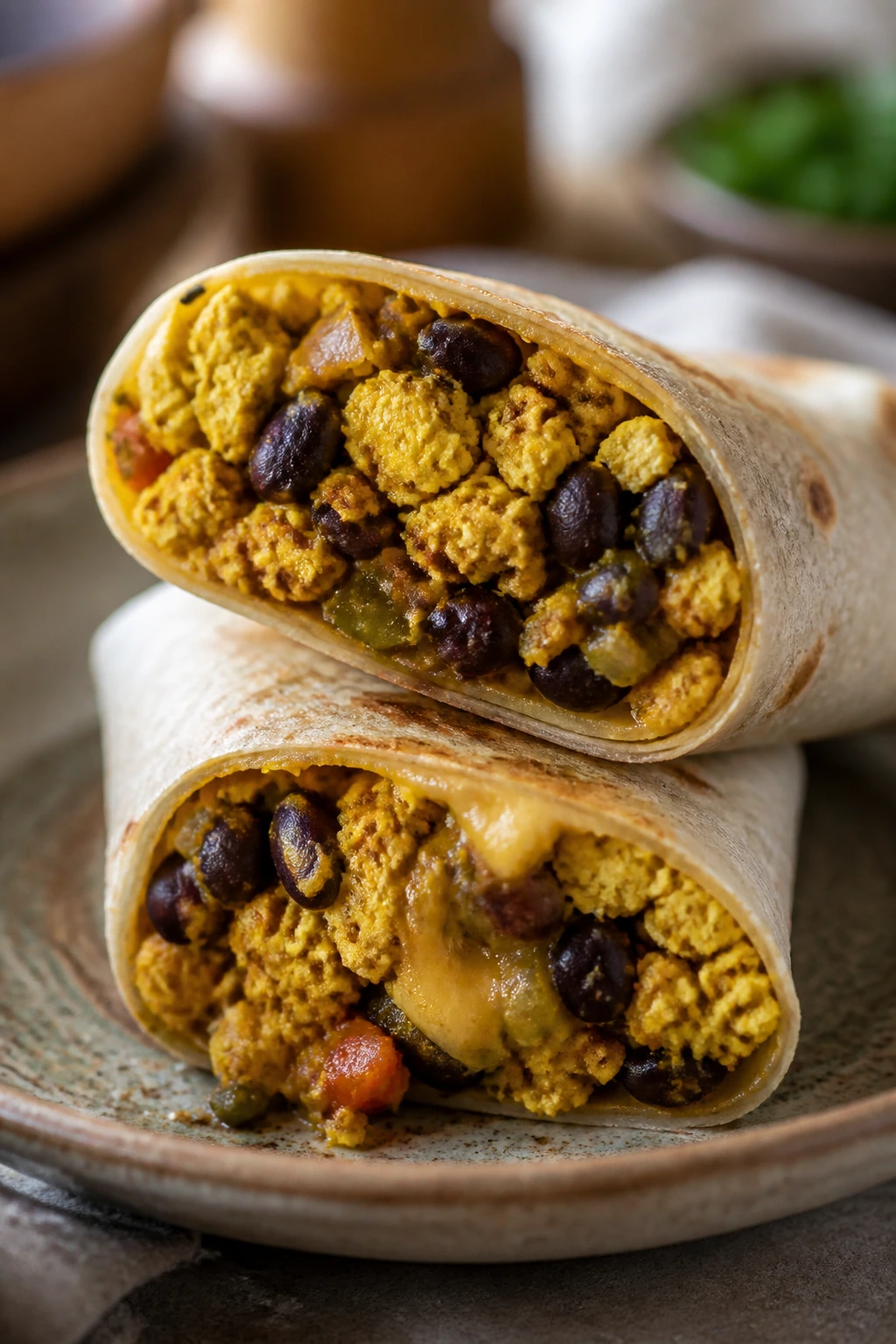 Close-up of a half-cut tofu scramble breakfast burrito showing seasoned tofu, black beans and melted cheese