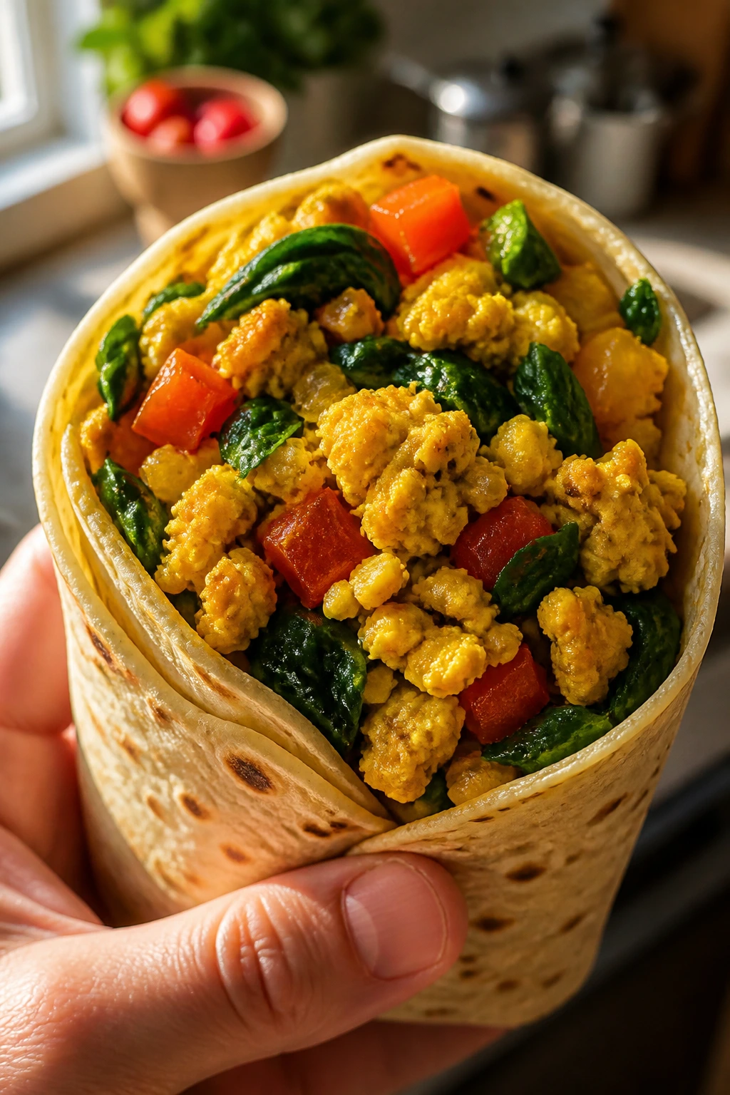 Close-up of a handheld tofu scramble breakfast wrap filled with turmeric-tinted tofu, peppers and spinach