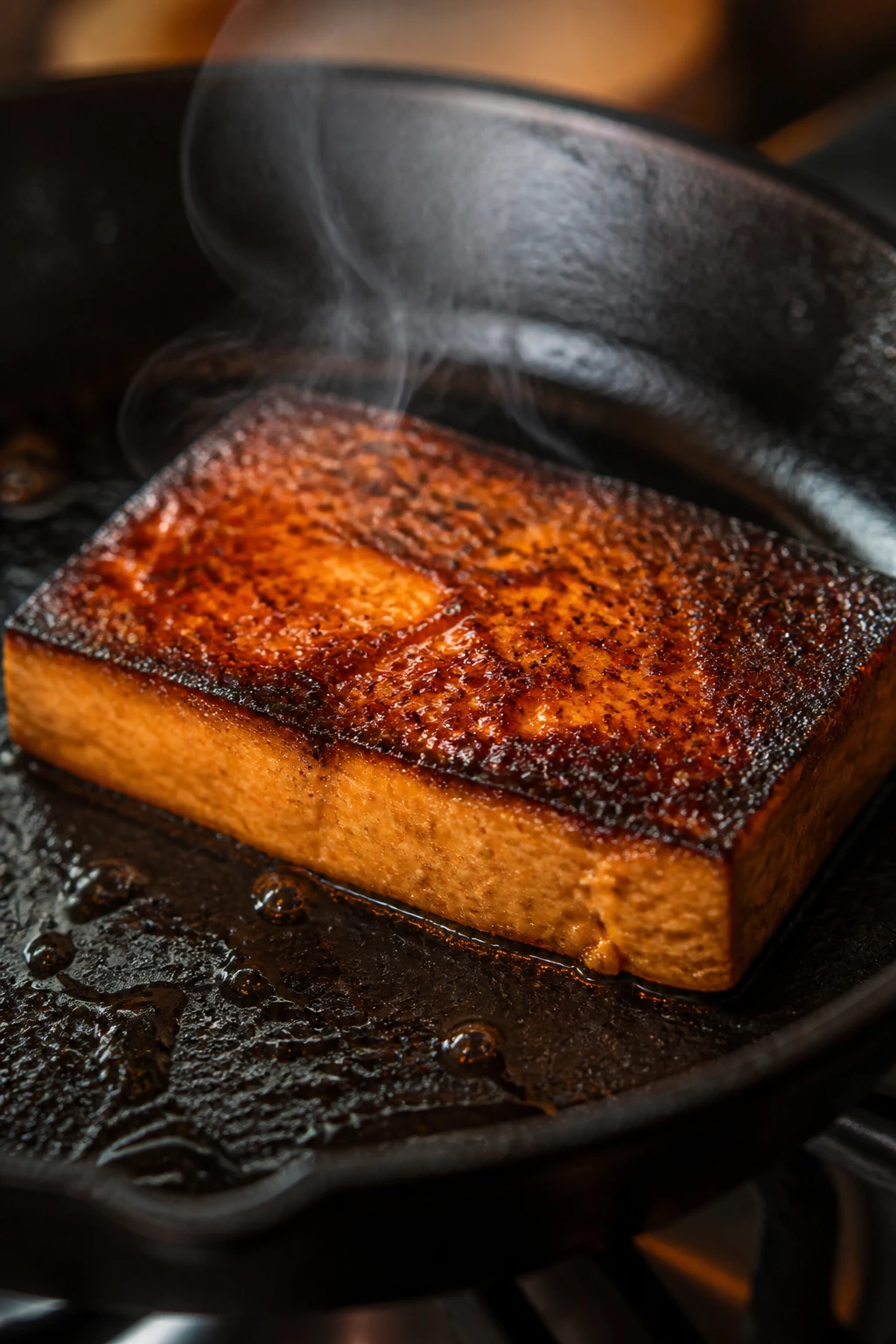 Caramelized tofu piece searing in a cast-iron skillet with crust