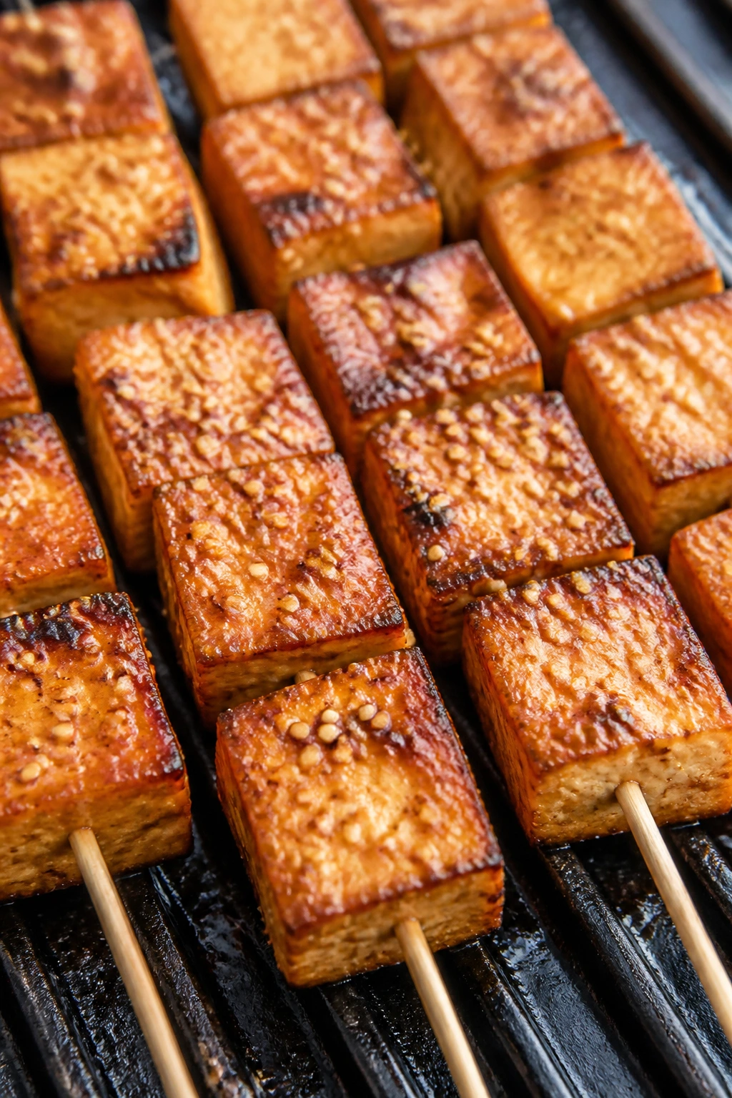 Tofu skewers with sesame and ginger glaze on a grill