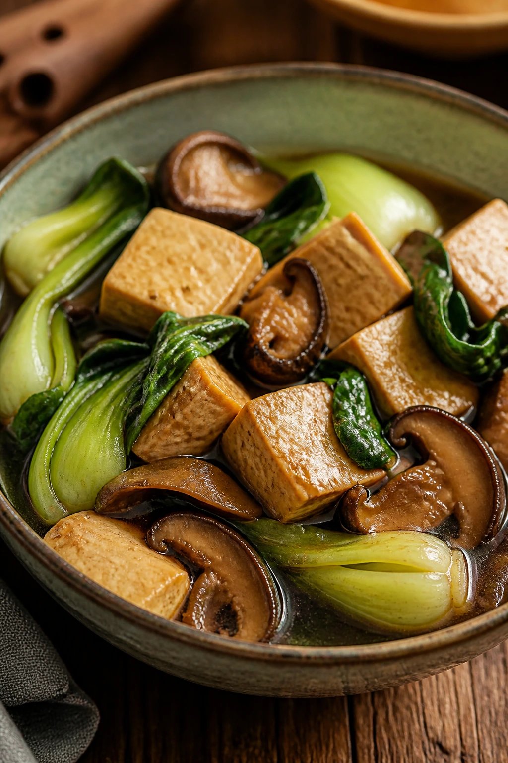 Close-up of braised tofu with shiitake and bok choy in a mushroom broth