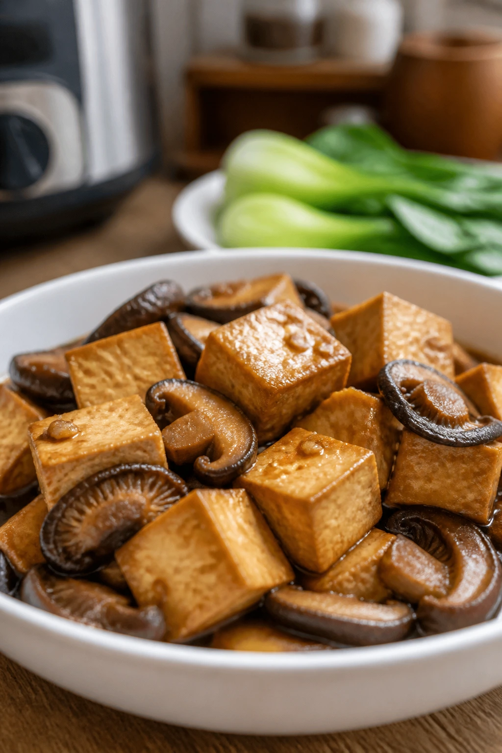 Close-up of braised tofu with shiitake mushrooms in a savory sauce