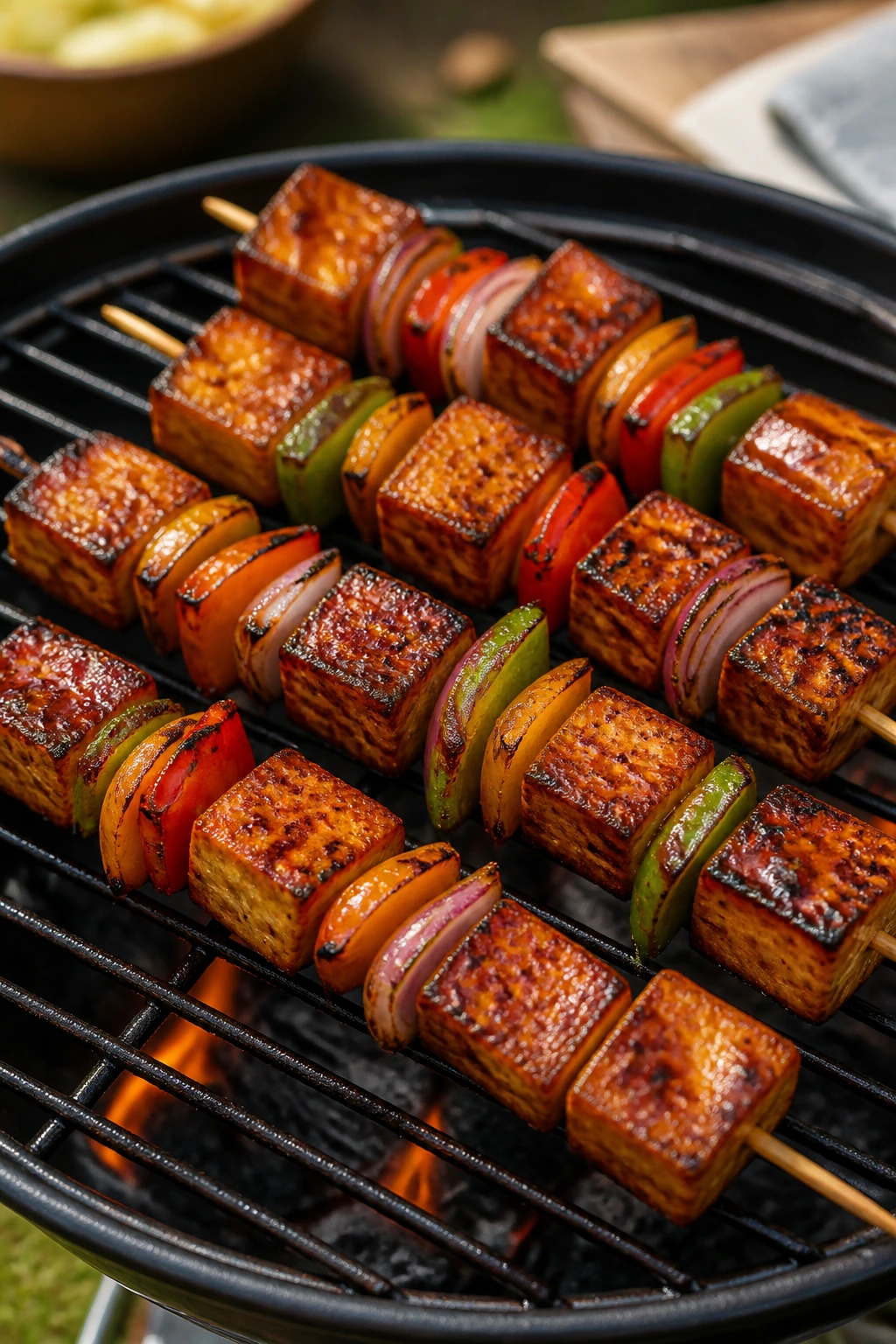 Close-up of BBQ-glazed tofu skewers with peppers and onions