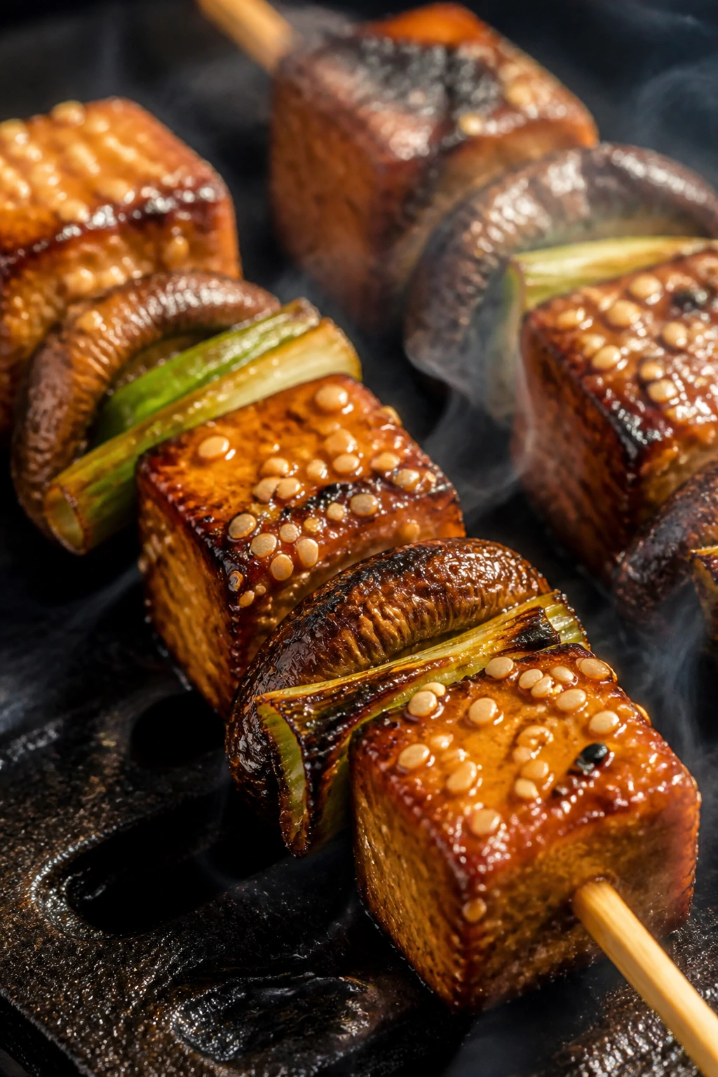 Tofu skewers with mushrooms and scallions, sesame glaze