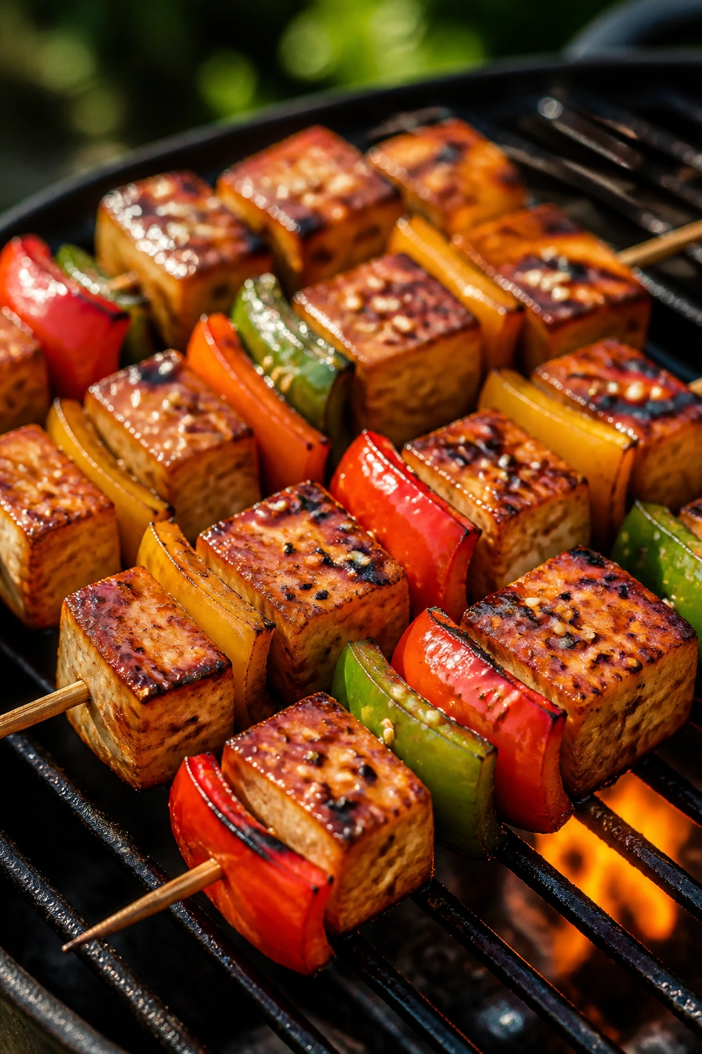 Tofu and bell pepper skewers with sesame-soy glaze on grill